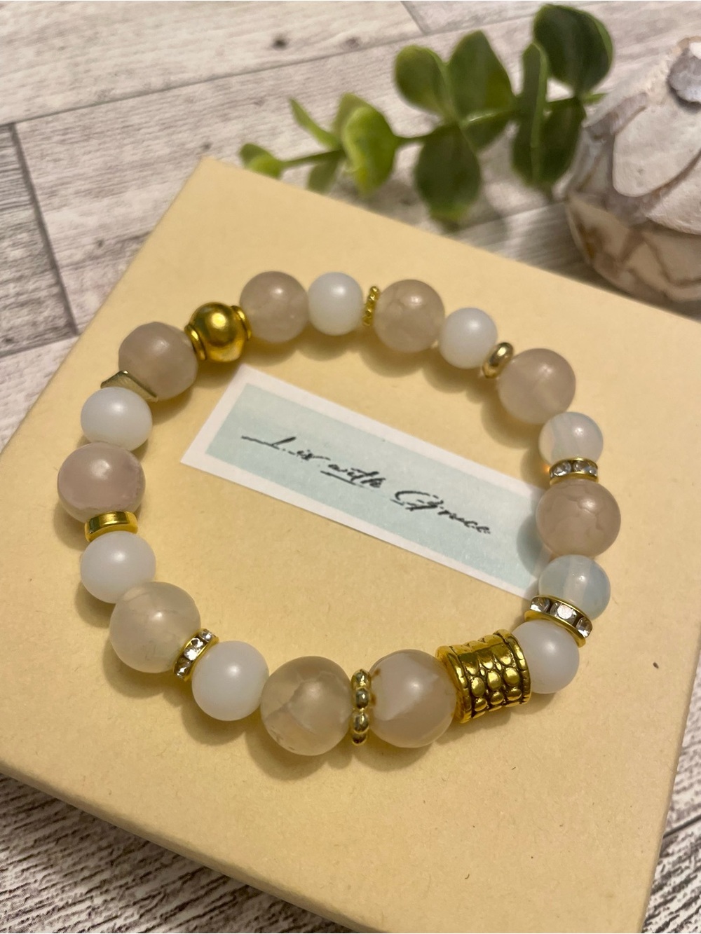 White Jade and Agate 8mm Gemstone Bracelet Gold Accents, handmade